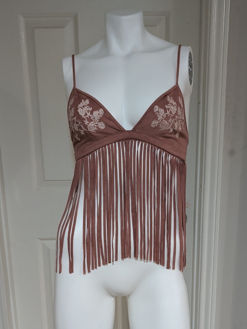 Forever 21 Mauve Fringed Embroidered Spaghetti Strap Crop Top Women's Small